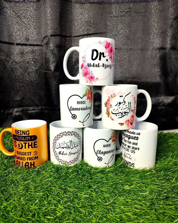 Branded mugs close-up view